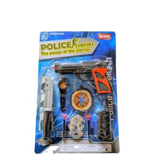 Polizeiset mit Pistole Pfeile Messer Uhr Walky Talky  etc.auf Karte ca 43x28,5cm