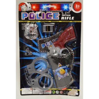 Polizeikarte mit Pistole, Holster, Handschellen und Abzeichen, auf Karte, 35 x 22 cm