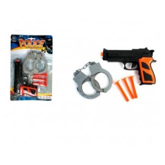 Polizeiset mit Pfeilpistole und Handschellen auf Karte 29x19cm
