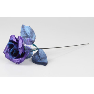 Offene Rose, 34cm, blau, mit Glitzer, blaue Blüten, grüne Blätter