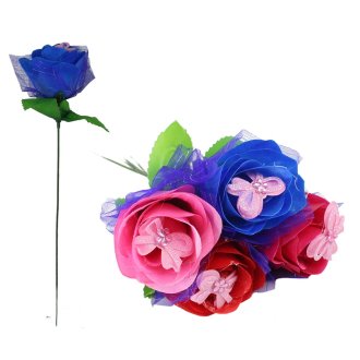 Rose Knospe Glitzer mit Schleife und Blättern 25cm